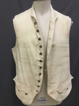 Mens, Historical Fiction Vest, MBA LTD., Cream, Cotton, Synthetic, Solid, 46, Lightly Aged with Light Cream Lining, Collar Attached, 11 Brass Button Front, 2 Pockets Bottom W/bat Wing Flap & 3 Matching Brass Buttons, 2 Cream Short Belt Tie in the Back, 3 Split Back Hem, Early 1800's Reproduction Made To Order