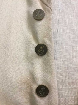 Mens, Historical Fiction Vest, MBA LTD., Cream, Cotton, Synthetic, Solid, 46, Lightly Aged with Light Cream Lining, Collar Attached, 11 Brass Button Front, 2 Pockets Bottom W/bat Wing Flap & 3 Matching Brass Buttons, 2 Cream Short Belt Tie in the Back, 3 Split Back Hem, Early 1800's Reproduction Made To Order