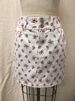 Womens, Skirt, Mini, BDG, White, Red, Pink, Black, Cotton, Floral, Small, White Denim W/Pink, Red + Black Flowers, Zip Front, 3 Pockets, 2" Wide Waistband, Hem Above Knee
