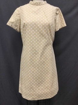 SAKS FIFTH AVE, Tan Brown, White, Polyester, Cotton, Polka Dots, Short Sleeve,  Mock Neck, Hem Above Knee,  Cuffed Sleeves, Buttons In Center Back, Self Bow At Center Back Neck,