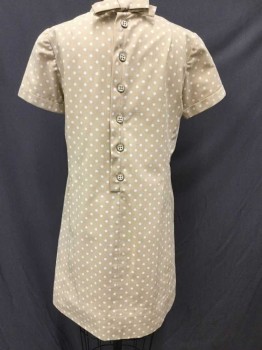 SAKS FIFTH AVE, Tan Brown, White, Polyester, Cotton, Polka Dots, Short Sleeve,  Mock Neck, Hem Above Knee,  Cuffed Sleeves, Buttons In Center Back, Self Bow At Center Back Neck,