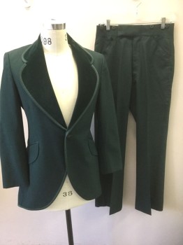 Mens, 1970s Vintage, Formal Jacket, AFTER SIX, Forest Green, Polyester, Cotton, Solid, 36L, Tuxedo, Single Breasted, 1 Button, Oversized Velvet Lapel with Rounded Edges, 1/2" Wide Satin Trim at Edges, Cutaway Style Coat with Large Vent at Center Back, 2 Pockets,