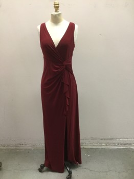 JUNO, Wine Red, Polyester, Lycra, Solid, Poly Jersey Knit. Cross Over V. Neck, Sleeveless. Twist Drape Detail at Front, Slit at Side Front Leg. Invidible Zipper Center Back,