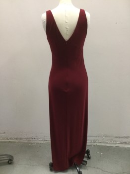 JUNO, Wine Red, Polyester, Lycra, Solid, Poly Jersey Knit. Cross Over V. Neck, Sleeveless. Twist Drape Detail at Front, Slit at Side Front Leg. Invidible Zipper Center Back,