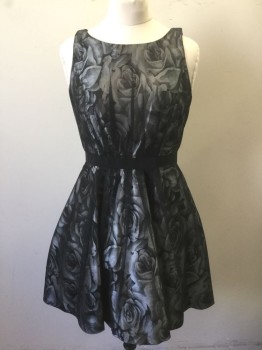 JESSICA SIMPSON, Gray, Black, Polyester, Floral, Gray and Black Floral, with Black Sheer Netting Overlay, Sleeveless, Scoop Neck, 1" Wide Solid Black Grosgrain Waistband, A-Line Skirt, Knee Length