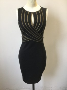 ARK & CO, Black, Gold, Polyester, Rayon, Solid, Black with Gold Metallic Neck, Armcyes, and Curved Stripes at Front, Slit Cutout at Center Front, Sleeveless, Sheer Mesh Triangular Panels at Waist and Back Shoulders, Form Fitting, Hem Above Knee