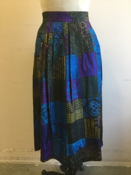 Womens, 1990s Vintage, Piece 2, OPTIONS, Dk Green, Purple, Blue, Avocado Green, Silk, Novelty Pattern, W:30, M, Skirt - Patchwork-Like Print, Elasticated Back Waist