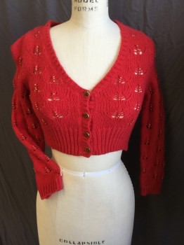 BETSEY  JOHNSON, Red, Cotton, Leaves/Vines , Knit Ribbed V-neck & Long Sleeves, & Hem, Small Gold Balls,  Cropped