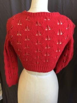 Womens, Sweater, BETSEY  JOHNSON, Red, Cotton, Leaves/Vines , S, Knit Ribbed V-neck & Long Sleeves, & Hem, Small Gold Balls,  Cropped