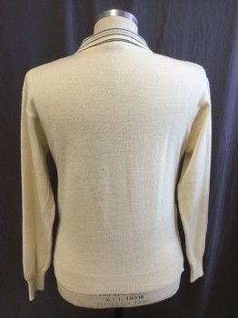 Mens, Sweater, DON LOPER, Cream, Gray, Charcoal Gray, Acrylic, Wool, Solid, Stripes, M, Pullover, Long Sleeves, Ribbed Knit Cuff, V-neck, Stripe Under V-neck Panel, Collar Attached, 1 Button Loop