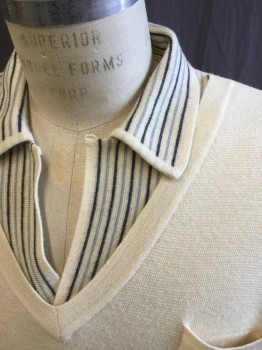 Mens, Sweater, DON LOPER, Cream, Gray, Charcoal Gray, Acrylic, Wool, Solid, Stripes, M, Pullover, Long Sleeves, Ribbed Knit Cuff, V-neck, Stripe Under V-neck Panel, Collar Attached, 1 Button Loop