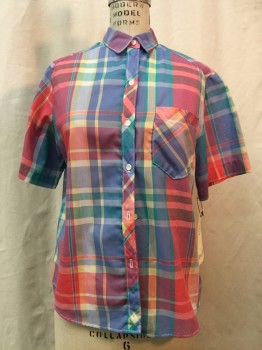 Womens, Shirt, RUSS PETITES, Blue, Green, Pink, Yellow, Synthetic, Plaid, B 38, Button Front, Collar Attached, Short Sleeves, 1 Pocket,