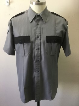 LAW PRO, Gray, Black, Poly/Cotton, Short Sleeves, Button Front, Collar Attached, Epaulets, Pockets with Flaps