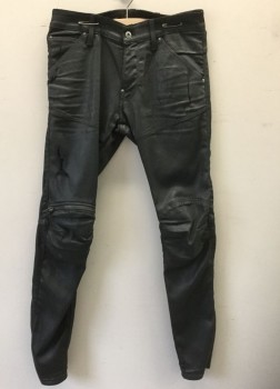 G STAR RAW, Graphite Gray, Cotton, Lyocell, Solid, Waxed Slightly Iridescent Denim, Skinny Leg with Reinforced Moto Detail at Knees, Zip Fly, 5 Pockets, Belt Loops