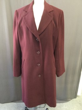 Womens, Coat, Trenchcoat, GALLERY, Wine Red, Polyester, Wool, Solid, S, Notched Lapel, Button Front, Slit Pockets, Removable Wool Lining