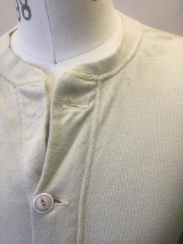Mens, Top, Military Uniform, N/L, Ecru, Cotton, Solid, S, Rib Knit, Long Sleeves, 1 Button Closure at Front (Missing 1 Button), Worn Dirty Appearance