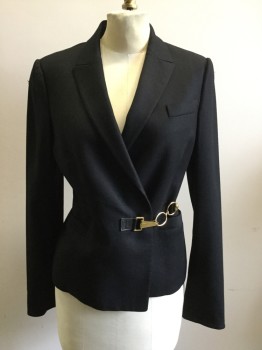 Womens, Suit, Jacket, GUCCI, Black, Wool, Solid, B32, Double Breasted, Collar Attached, Notched Lapel, 3 Faux Pockets, Gold Metal Clasp Attachment, ***hole in Right Shoulder***