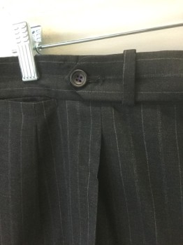 Mens, 1980s Vintage, Suit, Pants, PAUL STUART, Charcoal Gray, Lt Gray, Wool, Stripes - Pin, Ins:31, W:34, Double Pleated, Button Tab Waist, Zip Fly, 5 Pockets Including 1 Watch Pocket, Adjustable Tabs at Sides of Waist, Straight Leg, Cuffed Hems