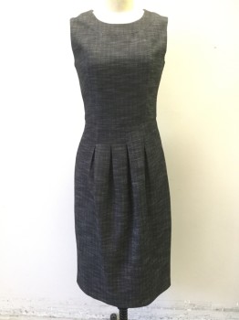 Womens, Dress, Sleeveless, CALVIN KLEIN, Black, White, Wool, Synthetic, Tweed, 6, Appears Charcoal, Scoop Neck, Box Pleated Skirt, Zip Back