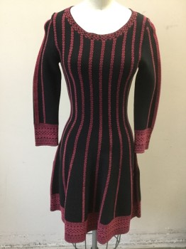 Womens, Dress, Long & 3/4 Sleeve, MAJE, Black, Raspberry Pink, Cotton, Nylon, Stripes - Vertical , Abstract , XS, Sz. 1 , Black with Raspberry Chevron Vertical Stripes Knit, with Abstract Zig Zag/Spiral/Diamond/Etc Detail at Hem and Cuffs, 3/4 Sleeves, Scoop Neck, A-Line/Flared Shape, Hem Above Knee