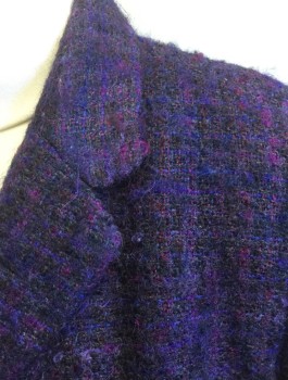Womens, Blazer, TALBOTS, Aubergine Purple, Purple, Wool, Mohair, Solid, Speckled, 8, Very Fuzzy Texture, Single Breasted, 4 Buttons, Notched Lapel, 2 Pockets, Padded Shoulders, Solid Dark Purple Satin Lining