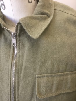 ZARA, Olive Green, Cotton, Polyester, Solid, Heavy Canvas, Zip Front, Collar Attached, 4 Pockets, Olive Lining
