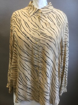 Womens, Blouse, JONES NEW YORK, Tan Brown, Black, Silk, Animal Print, 24W, Tiger Stripes, Long Sleeve Button Front, Collar Attached,