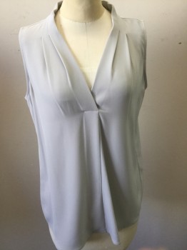 Womens, Top, CALVIN KLEIN, Dove Gray, Polyester, Spandex, Solid, S, V-neck, Hidden Pleats at Shoulders, Sleeveless