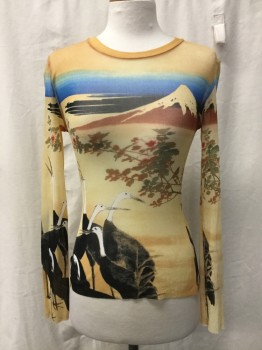 Womens, Top, N/L, Yellow, Blue, Brown, Black, White, Polyester, Lycra, Novelty Pattern, S, Sheer Mesh Knit Top. Japanese Theme Print of Mount Fuji, Blossoms on Tree and Black & White Birds. Long Sleeves, Crew Neck