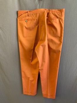 GALEY & LORD, Red-Orange, Polyester, Cotton, Solid, Flat Front, Zip Fly, 4 Pockets, Belt Loops, Cuffed Hem