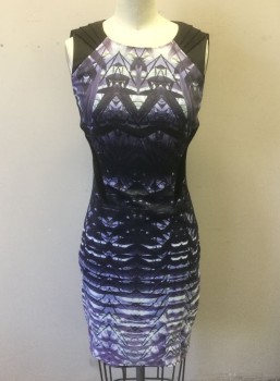 KAREN MILLEN, Purple, Black, White, Lavender Purple, Acetate, Polyamide, Abstract , Shades of Purple/Lavender and White Abstract Pattern, Solid Black Geometric Panels at Shoulders and Sides, Satin-y Material, Sleeveless, Scoop Neck, Pleated at Black Shoulder Panels, Form Fitting, Knee Length, Invisible Zipper at Center Back
