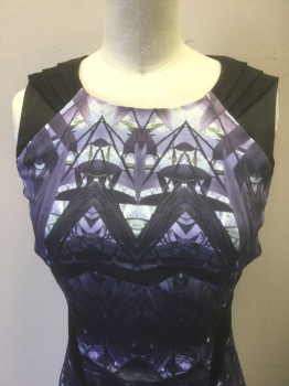 KAREN MILLEN, Purple, Black, White, Lavender Purple, Acetate, Polyamide, Abstract , Shades of Purple/Lavender and White Abstract Pattern, Solid Black Geometric Panels at Shoulders and Sides, Satin-y Material, Sleeveless, Scoop Neck, Pleated at Black Shoulder Panels, Form Fitting, Knee Length, Invisible Zipper at Center Back
