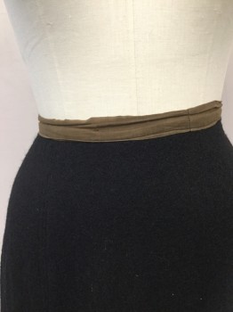 MTO, Black, Wool, Solid, Long Six Panelled, Brown Cotton Waist Band.inverted Pleat at Center Back, Hook and Eye Closure at Waist,
