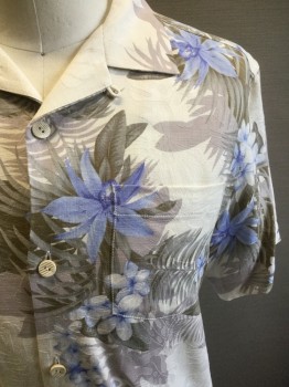 Mens, Hawaiian Shirt, TOMMY BAHAMA, Cream, Blue, Lt Blue, Taupe, Lt Gray, Silk, Floral, Leaves/Vines , S, Jacquard, Camp C.A., B.F., 1 Pckt, S/S