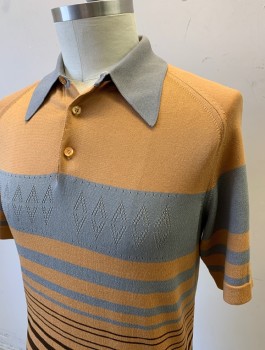 DONEGAL, Caramel Brown, Gray, Acetate, Polyester, Solid, Knit, Short Raglan Sleeves, Collar Attached, Diamond Texture in Knit Across Chest, 3 Buttons,