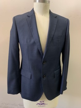 Mens, Sportcoat/Blazer, BOSS, Navy Blue, Black, Wool, Viscose, 2 Color Weave, 40R, Navy and Black, Single Breasted, 2 Buttons, Notched Lapel, 3 Pockets, 4 Button Cuff