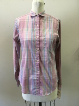 HATHAWAY, Pink, Blue, Khaki Brown, Cream, Dk Gray, Cotton, Polyester, Plaid, Long Sleeves, Button Front, Collar Attached, 1 Pocket,