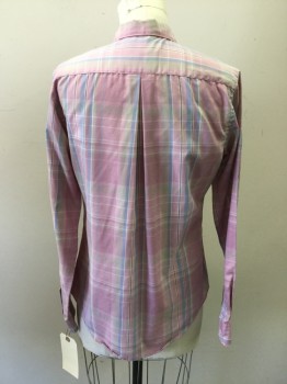 HATHAWAY, Pink, Blue, Khaki Brown, Cream, Dk Gray, Cotton, Polyester, Plaid, Long Sleeves, Button Front, Collar Attached, 1 Pocket,