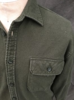 ROTHCO, Dk Green, Cotton, Solid, Twill Flannel, Button Front, Collar Attached, Long Sleeves, Button Cuff, 2 Flap Pockets, Aged