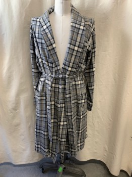 Mens, Bathrobe, LL BEAN, Dk Gray, Lt Gray, Yellow, White, Cotton, Plaid, L Reg, 2pc with Matching Belt, Open Front, 3 Patch Pockets, Long Sleeves