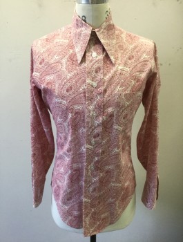 MANHATTAN U-30, White, Cranberry Red, Cotton, Paisley/Swirls, Long Sleeve Button Front, Collar Attached, 1 Patch Pocket,