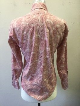 MANHATTAN U-30, White, Cranberry Red, Cotton, Paisley/Swirls, Long Sleeve Button Front, Collar Attached, 1 Patch Pocket,