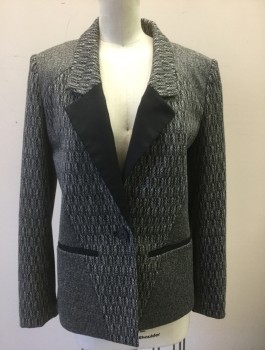 Womens, Blazer, ICB, Gray, Black, Rayon, Polyester, Speckled, Abstract , Sz.4, Speckled Static Like Material in Geometric Angled Panels, 1 Button, Notched Lapel, Solid Black Panel on Bottom of Lapel, 2 Welt Pockets with Black Trim