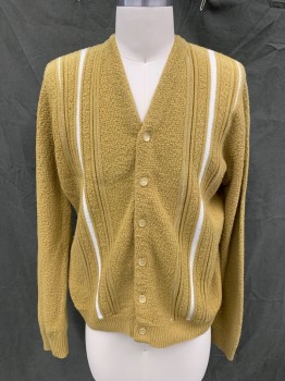 N/L, Ochre Brown-Yellow, White, Wool, Stripes, V-neck, Cardigan, Textured Knit, White Knit Inset Stripes, Ribbed Knit Waistband/Cuff, *Shoulder Burn*
