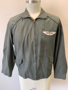 Mens, Jacket, N/L, Dk Gray, Cotton, Solid, Logo , L, Auto Racing/Mechanic Jacket, Workwear, "Aston Martin" Patch at Chest, Zip Front, Rounded Collar Attached, Raglan Sleeves with Piped Seams, 2 Pockets, Aged/Dirty,