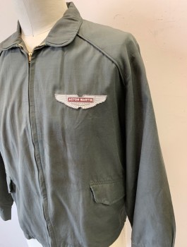 N/L, Dk Gray, Cotton, Solid, Logo , Auto Racing/Mechanic Jacket, Workwear, "Aston Martin" Patch at Chest, Zip Front, Rounded Collar Attached, Raglan Sleeves with Piped Seams, 2 Pockets, Aged/Dirty,