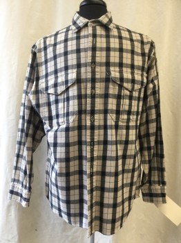 FILSON, Cream, Black, Cotton, Plaid, Button Front, Collar Attached, Long Sleeves, 2 Flap Pockets