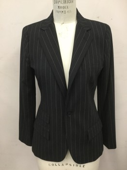 Womens, Blazer, POLO RALPH LAUREN, Black, White, Wool, Stripes - Pin, 4, Single Breasted, Collar Attached, Notched Lapel, 4 Pockets, 1 Button, Long Sleeves