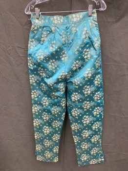 Womens, Pants, N/L, Turquoise Blue, Yellow, White, Silk, Floral, H 38, W 27, I:27, Floral Jacquard, High-Waisted, Side Button Up, 2 Pockets, 2" Waistband, Frogs at Side Hem Slits