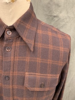MTO, Dk Brown, Brown, Wool, Grid , Thick Heavy Flannel, Button Front, Collar Attached, 2 Flap Pockets, Long Sleeves, Button Cuff, Multiple